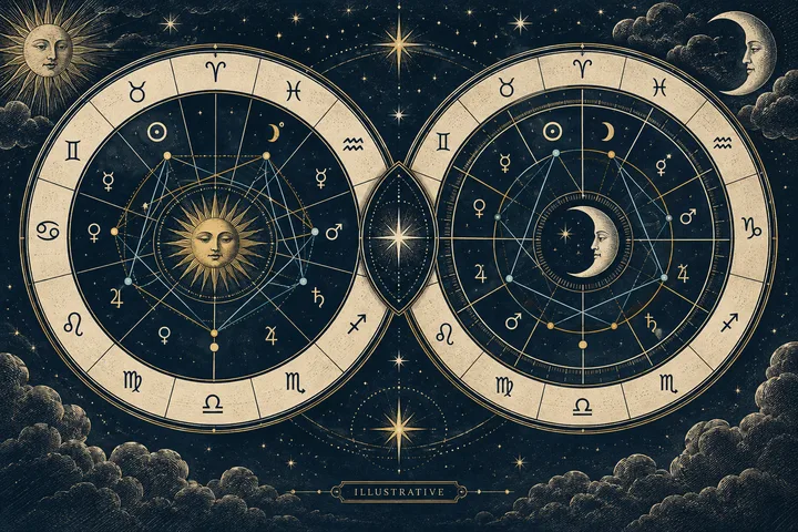 Illustrative synastry diagram with layered house divisions and the chart’s four main angles marked.