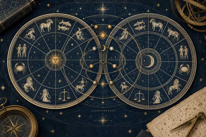 Illustrative close-up of an engraved synastry chart in midnight blue, ivory and brass.