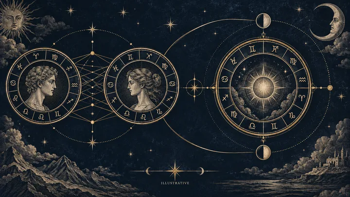 Illustrative brass zodiac wheel with two linked chart circles on the left and one shared composite circle on the right, against midnight blue.