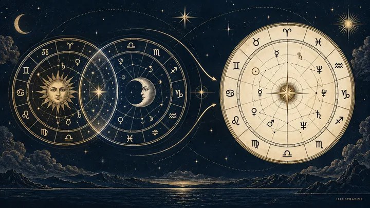 Illustrative close-up of two zodiac wheels joined by curved lines to a third wheel, showing a chart comparison.