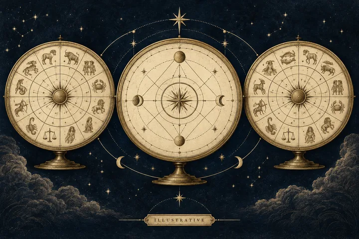 Illustrative brass-and-ivory relationship chart centered between two matching zodiac wheels.