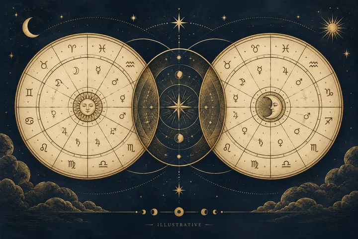 Illustrative paired zodiac wheels facing a shared central field, with contrasting chart lines suggesting connection and tension.