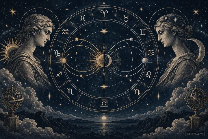 Illustrative zodiac wheel with two brass mirror paths crossing the Aries-Libra axis over a midnight-blue synastry field