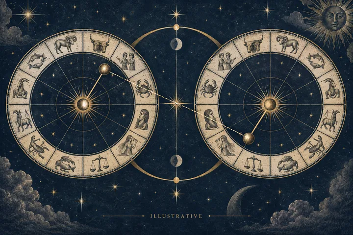 Illustrative pair of zodiac wheels linked by a dotted reflection line across a central axis