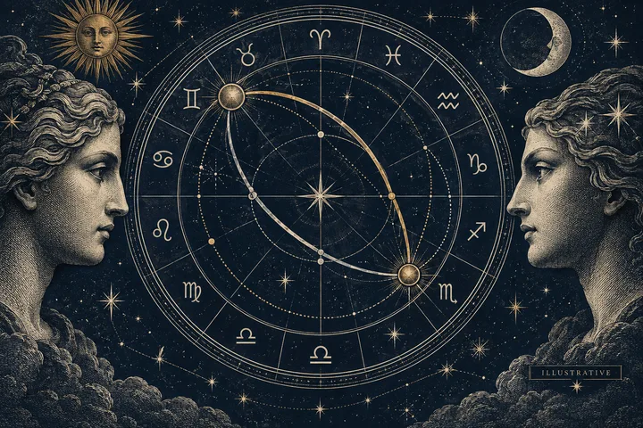 Illustrative engraved zodiac wheel with solar and lunar symbols against a midnight-blue sky