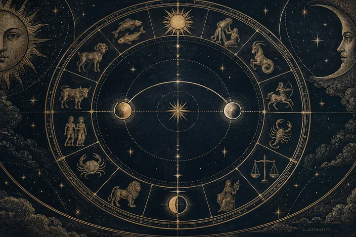 Illustrative engraved zodiac wheel with paired celestial symbols and mirrored circular lines