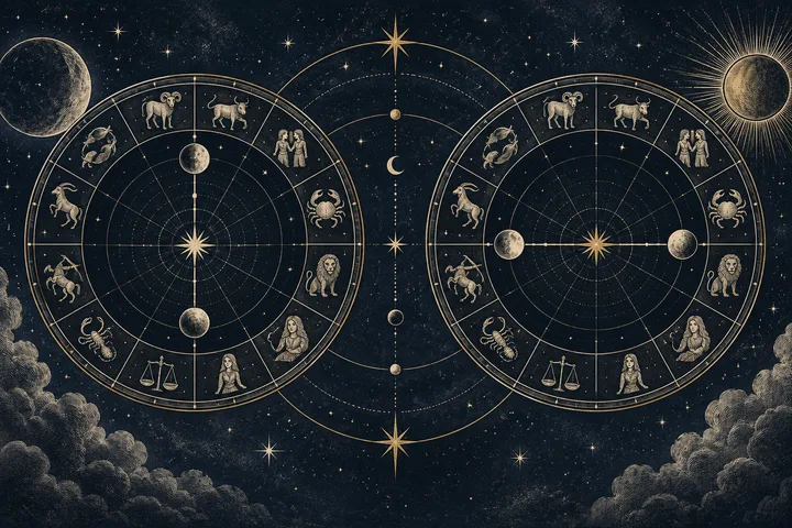 Illustrative chart artwork showing two large circular zodiac diagrams with symbols, stars, planets, and a vertical line of celestial bodies against a dark blue sky.