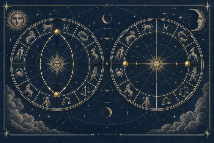 Two circular zodiac diagrams with illustrated figures, sun faces, moon symbols, stars, and gold connecting lines on a dark blue background.