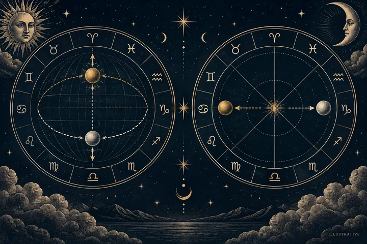 Two circular zodiac diagrams with zodiac symbols and arrows between paired gold and silver spheres, framed by stars, clouds, mountains, and water.