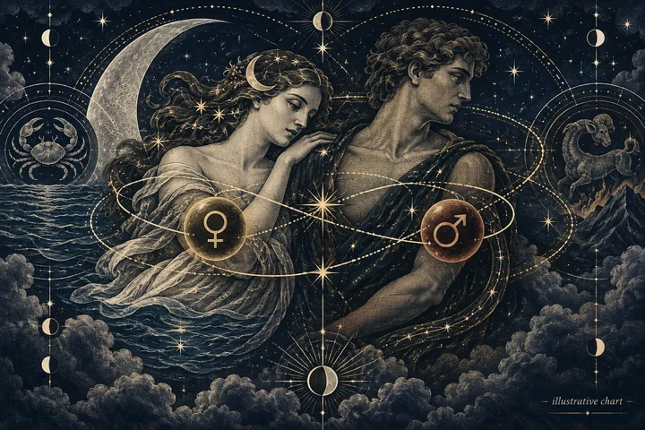 Illustrative synastry scene with Venus and Mars symbols facing across a brass zodiac circle, showing attraction that needs a clear conversation.