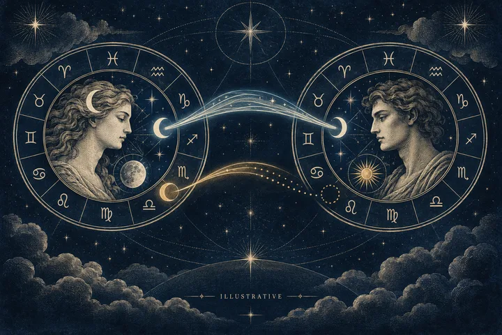 Illustrative Moon-centered chart diagram with layered relationship lines, showing emotional familiarity separated from confirmed romantic desire.