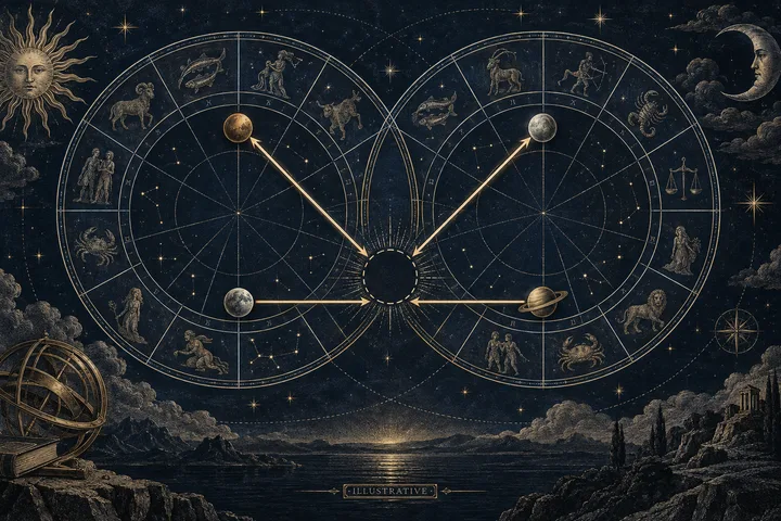 Engraved synastry wheel showing an opposition, apex point, and open leg in midnight blue and brass