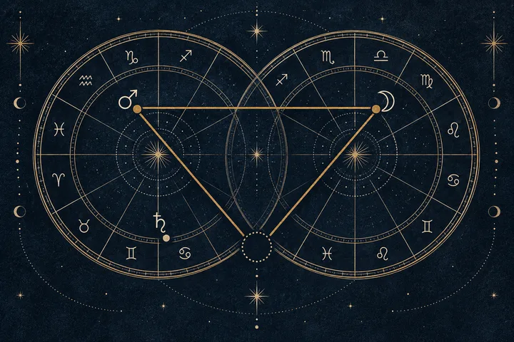 Illustrative two-chart wheel showing close opposition and square lines meeting at a shared focal point