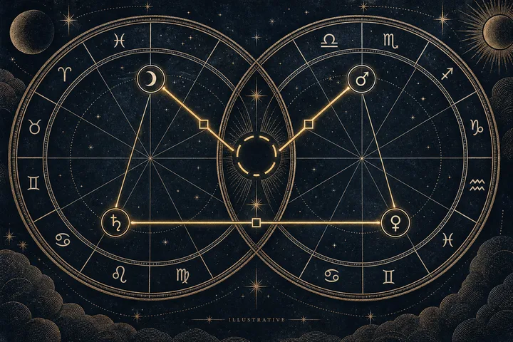 Close-up of the T-square apex and the zodiac sign opposite it as the empty leg