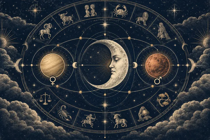 An ornate circular star chart surrounds a crescent moon with a face, flanked by two planets, orbit lines, small engraved figures, stars, and clouds.