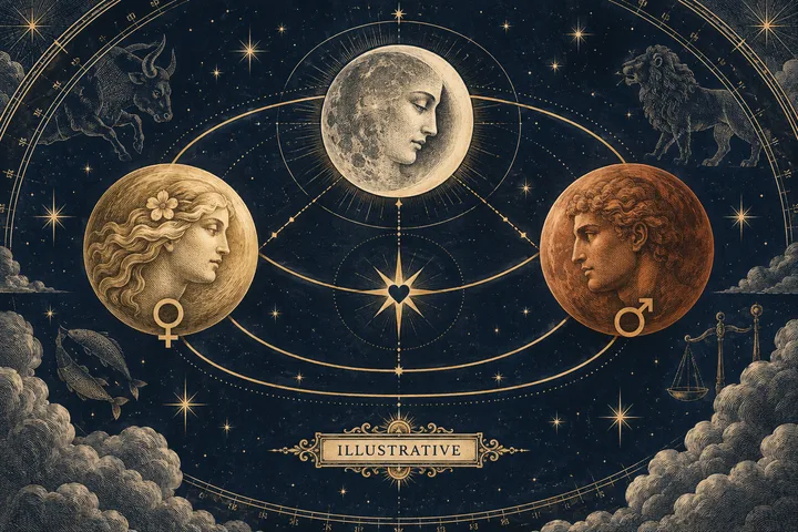 Engraved celestial diagram with three profile faces in circular forms, a heart among orbit lines, stars, zodiac figures, fish and scales; a banner reads ‘ILLUSTRATIVE.’
