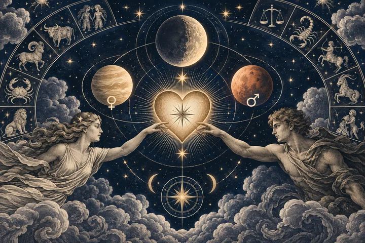 Engraved-style illustration of two robed figures reaching toward a glowing heart beneath a starry sky, with planets and zodiac symbols around them.