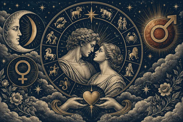 Engraved illustration of two people facing each other inside a ring of small figures and symbols, with a crescent moon, circular symbols, stars, clouds, and hands holding a heart.