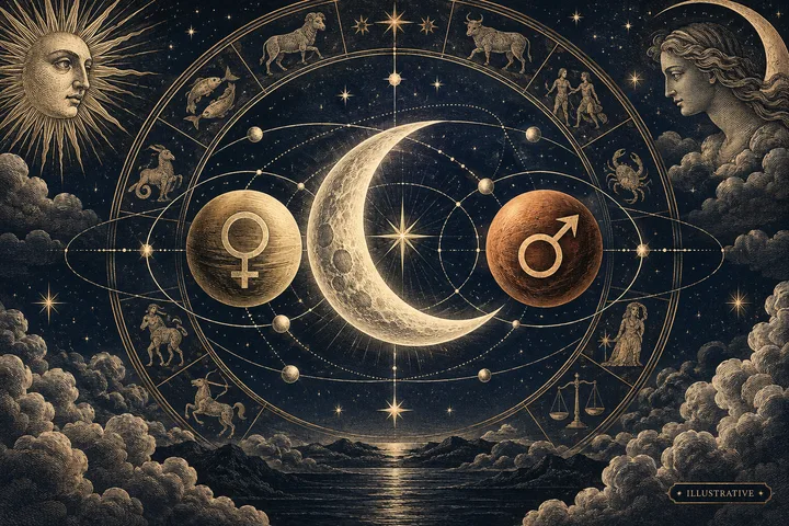 Engraved-style zodiac wheel around a crescent moon, with Venus and Mars symbols, a sun and profile faces above a cloud-lined sea.