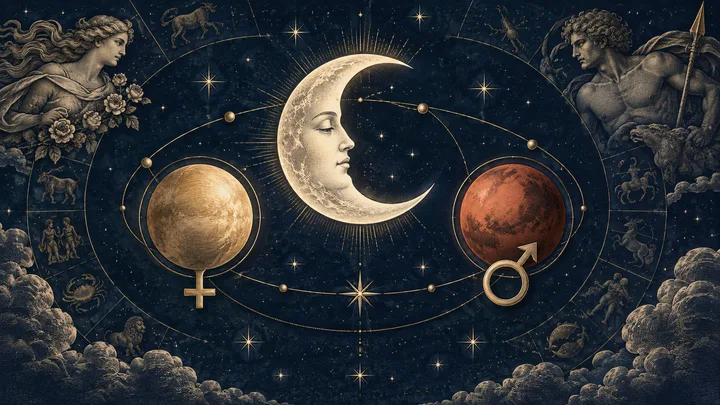 An engraved crescent moon between two planets marked with Venus and Mars symbols, surrounded by stars, orbit lines, and zodiac figures against a dark blue sky.