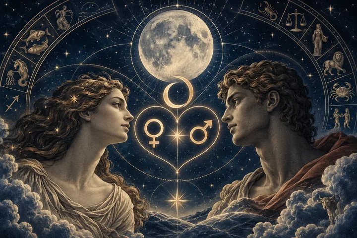 Two classical figures face each other beneath a large full moon, with glowing Venus and Mars symbols inside a heart and a starry circular band of small figures and animals.