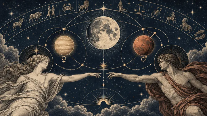 Two classical figures reach toward each other beneath a large moon, with planets, orbit lines, stars and zodiac illustrations across a dark sky.
