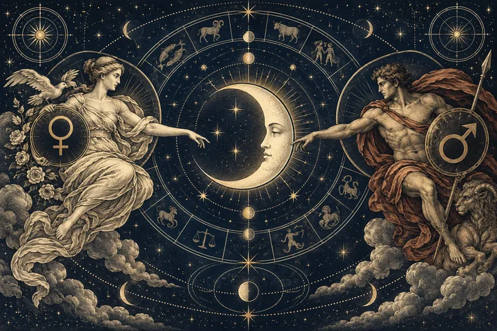 An engraved crescent moon with a face sits inside a starry zodiac wheel as two classical figures reach toward it; Venus and Mars symbols appear beside them.