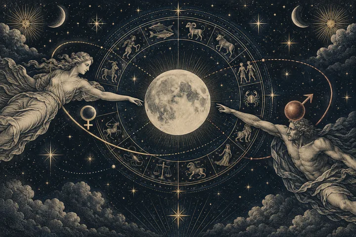 An illustrated zodiac wheel surrounds a large moon, with two figures reaching toward it amid stars and crescent moons.