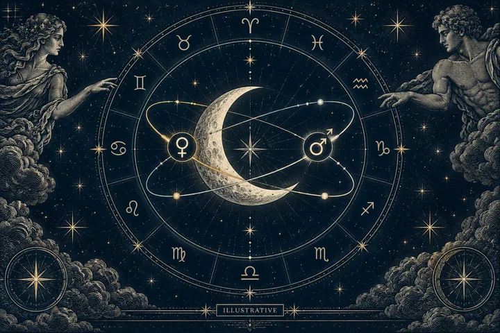An engraved-style zodiac wheel with stars, a crescent moon, orbiting lines and two planetary symbols, flanked by two classical figures pointing inward; a small banner reads “ILLUSTRATIVE.”