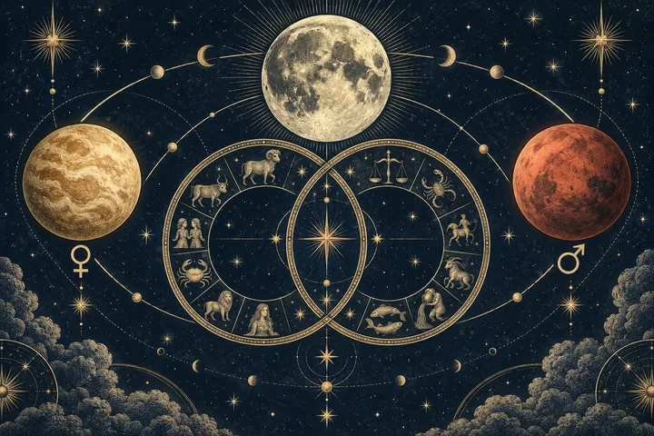 An illustrated zodiac wheel with overlapping circles beneath a large moon, flanked by gold and red spheres and Venus and Mars symbols.