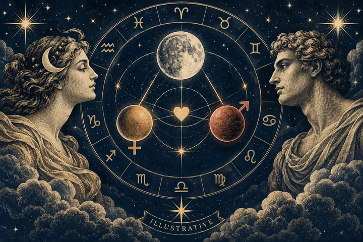 Engraved-style zodiac wheel with a moon, two planets, and a heart at its center, flanked by two facing classical profiles against a starry sky. A banner below reads “Illustrative.”