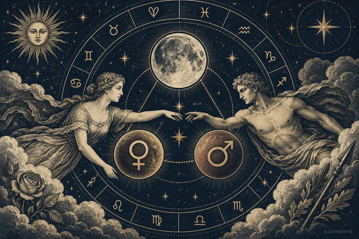 Engraved-style illustration of two figures reaching toward each other beneath a large moon, surrounded by a circular zodiac wheel, stars, and Venus and Mars symbols.