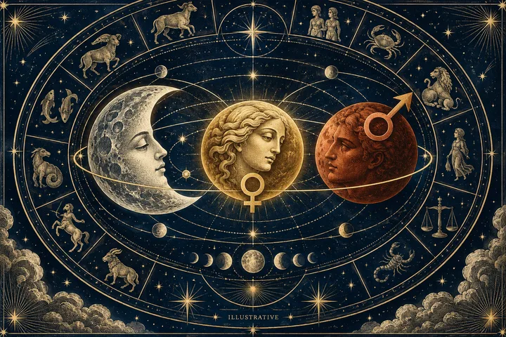 Gold celestial chart on a dark blue starry background, with a crescent moon face, two classical faces marked by planetary symbols, zodiac figures, and moon phases.