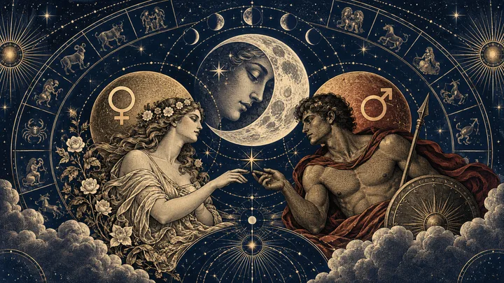 Engraved-style scene of two classical figures reaching toward each other beneath a crescent moon, surrounded by zodiac symbols and star charts.