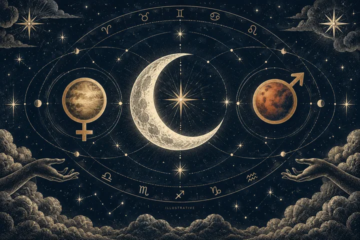 A gold crescent moon between two ringed spheres, surrounded by orbital lines, stars, and zodiac symbols on a dark blue background.