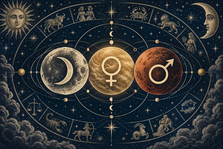 Engraved celestial chart with the Moon, Venus, and Mars symbols on three planets, surrounded by stars, a sun, a crescent moon, and zodiac figures.