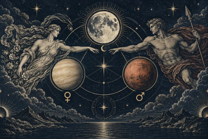 Engraved-style scene of two classical figures reaching toward each other beneath a large moon, with two planets, Venus and Mars symbols, stars, orbital lines, and a small ‘ILLUSTRATIVE’ mark above a dark sea.