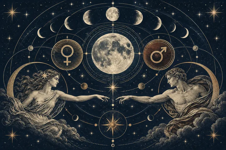 Engraved celestial scene with a large moon, moon phases, star-chart circles and Venus and Mars symbols above two humanlike figures reaching toward each other across a dark, starry sky.