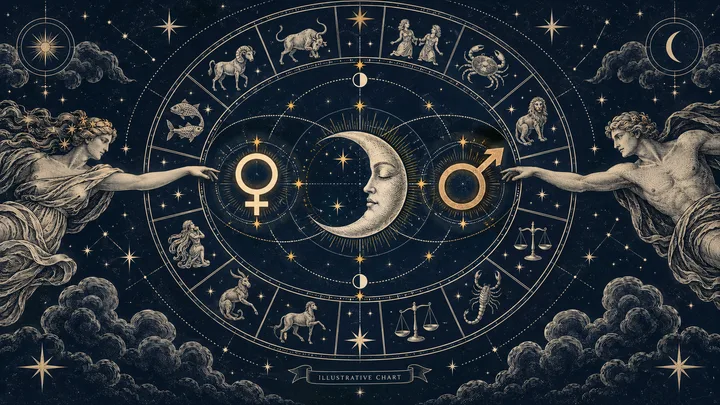 An antique-style zodiac wheel surrounds a crescent moon with a face. Two classical figures point toward circle-and-cross and arrow symbols against a starry sky.