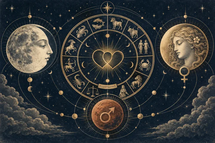 An ornate zodiac wheel with a heart at its center sits between two profile faces, above a rust-colored disk marked with an arrow symbol.