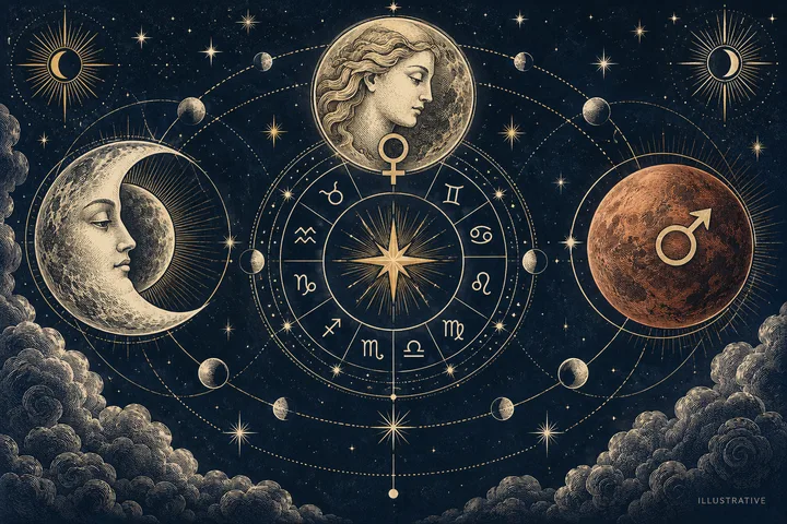 An ornate circular wheel of symbols sits against a starry sky, between a crescent moon with a face and a rust-colored sphere with an arrow symbol. A larger face appears above the wheel, with small spheres, clouds, and the word ‘ILLUSTRATIVE’ around the scene.
