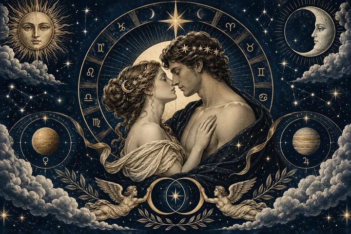 Two figures face each other within a zodiac circle, surrounded by sun and moon faces, stars, planets and winged figures.