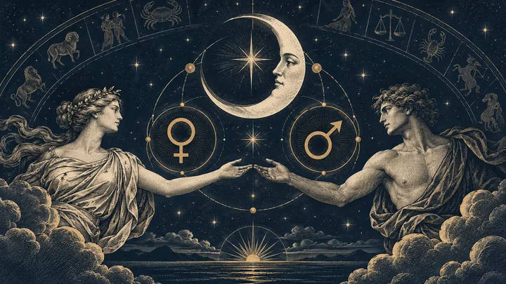 Engraved illustration of two robed figures reaching toward each other beneath a crescent moon, with Venus and Mars symbols, stars, and a ring of zodiac figures on a dark blue background.