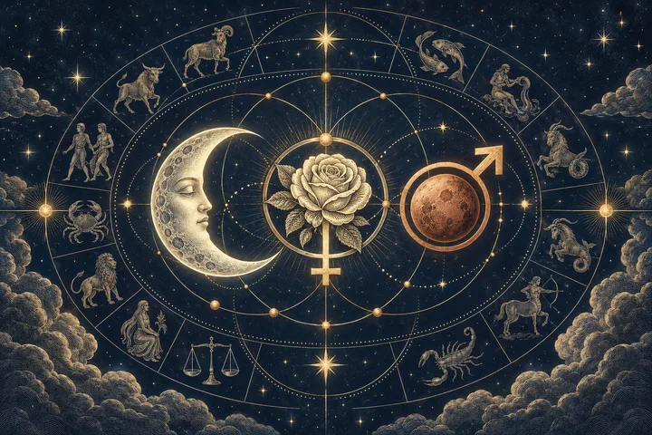 An ornate gold zodiac wheel on a starry navy background, with a crescent moon face, a central rose, and a reddish planet between planetary symbols.