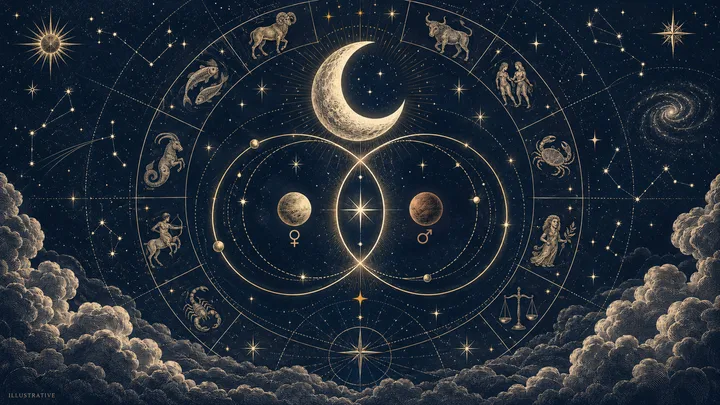 A crescent moon and two planets sit within overlapping gold orbits, surrounded by a ring of zodiac figures and stars against a dark blue sky.