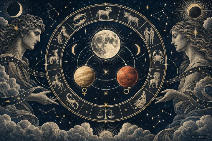 An engraved zodiac wheel with a large moon at its center, smaller crescents and planets, flanked by carved figures against a starry sky.