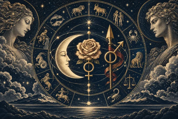 An engraved-style zodiac wheel filled with small figures and stars surrounds a crescent moon, a rose, and two planetary symbols; classical profile figures frame the scene above clouds and mountains.