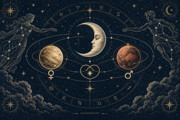 Engraved crescent moon between two orbiting planets, with zodiac symbols, stars, and two human figures reaching toward the center.