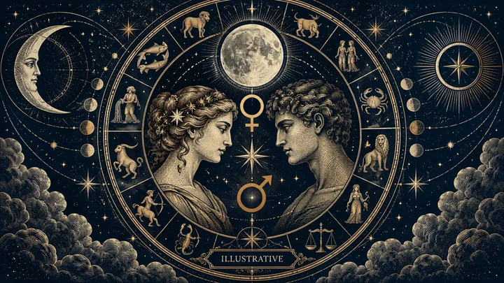 Engraved illustration of two classical profile figures facing each other inside a circular starry wheel, with a moon, zodiac symbols, and an ‘Illustrative’ banner.