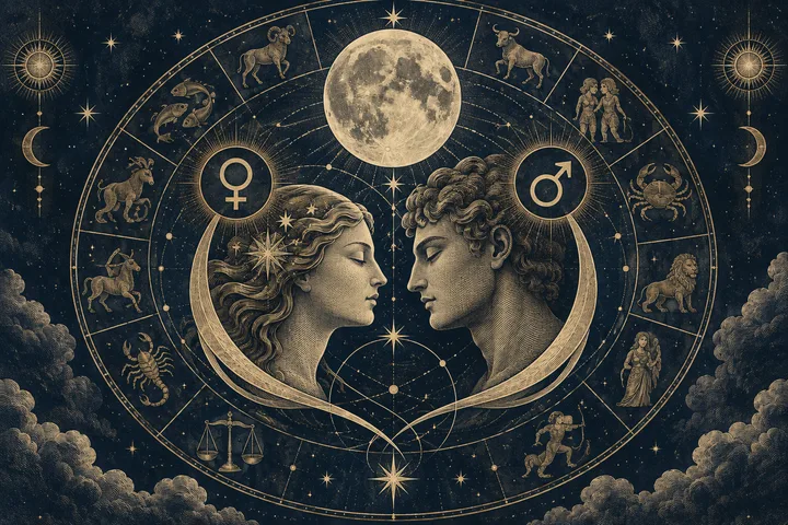 An engraved-style gold zodiac wheel surrounds two facing profiles beneath a full moon, with stars and Venus and Mars symbols on a dark blue background.